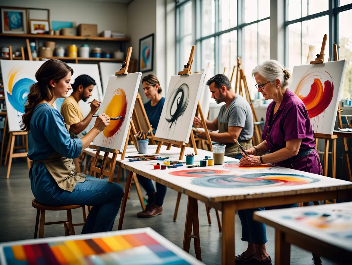 Art workshop participants creating artwork together