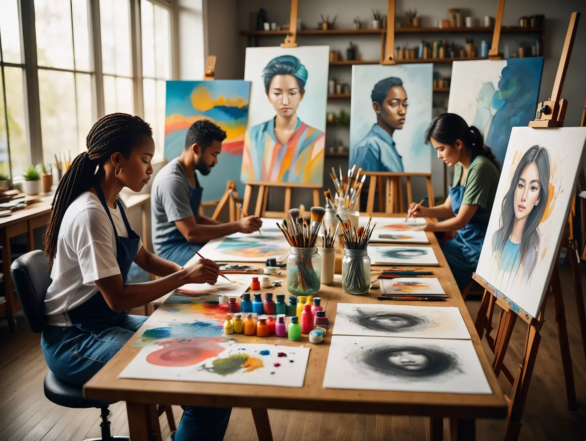 Group of people creating art together in workshop